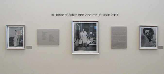 Lobby display in honor of Sarah and Andrew Jackson Parks