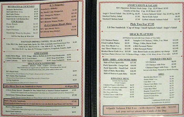 RJ's Bob-Be-Que Shack menu