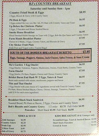 RJ's Bob-Be-Que Shack breakfast menu