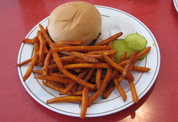 Cheese burger and sweet potato fries at the Sommerset Hall Cafe.