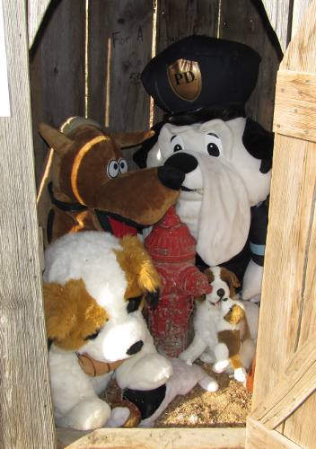 stuffed dogs in outhouse