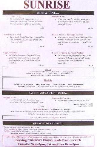 Lyons Twin Mansions breakfast menu
