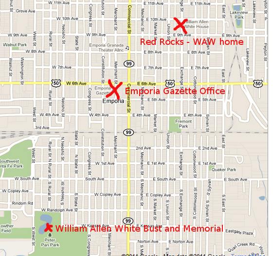 Map to William Allen White in Emporia, Kansas