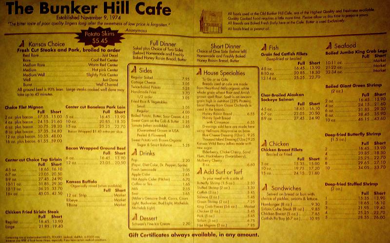 Bunker Hill Cafe Menu - Bunker Hill, Kansas