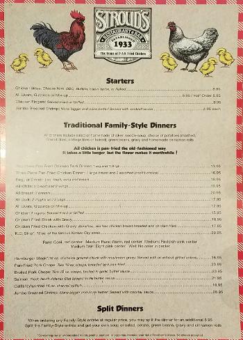 Stroud's Family Style Dinner Menu