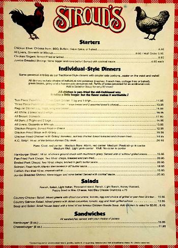 Stroud's Individual Style Dinner Menu