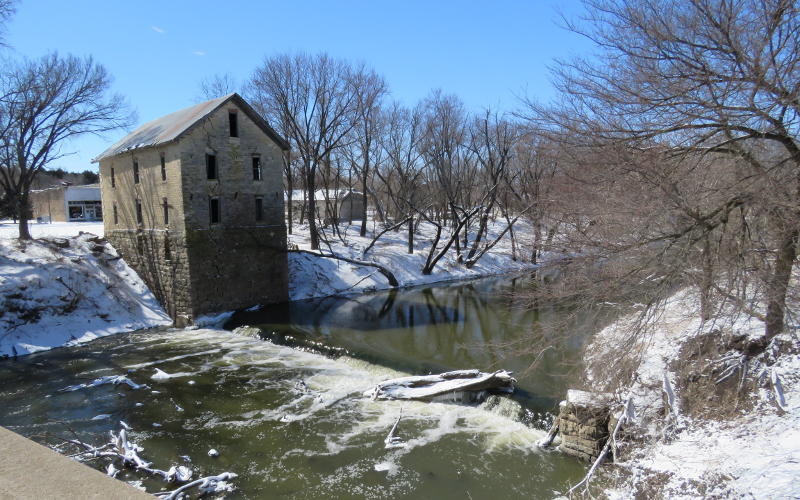 Drinkwater and Schriver Flour Mill in winter snow