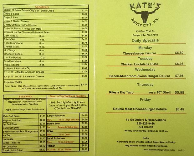 Kate's Appetizer Menu - Dodge City, Kansas