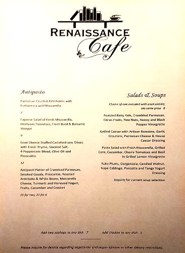 Renaissance Cafe Starer and pasta menu