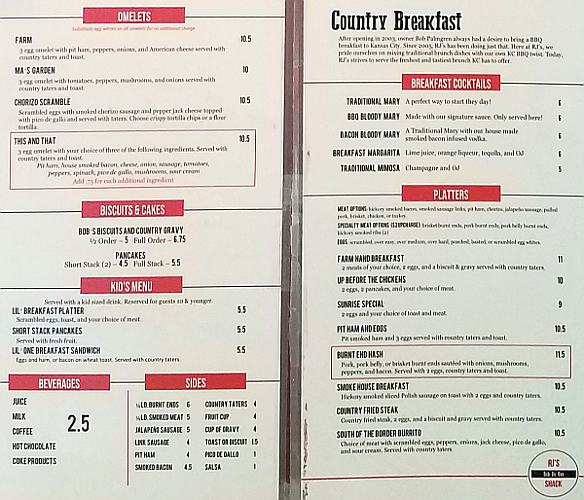 RJ's Bob-Be-Que Shack breakfast menu