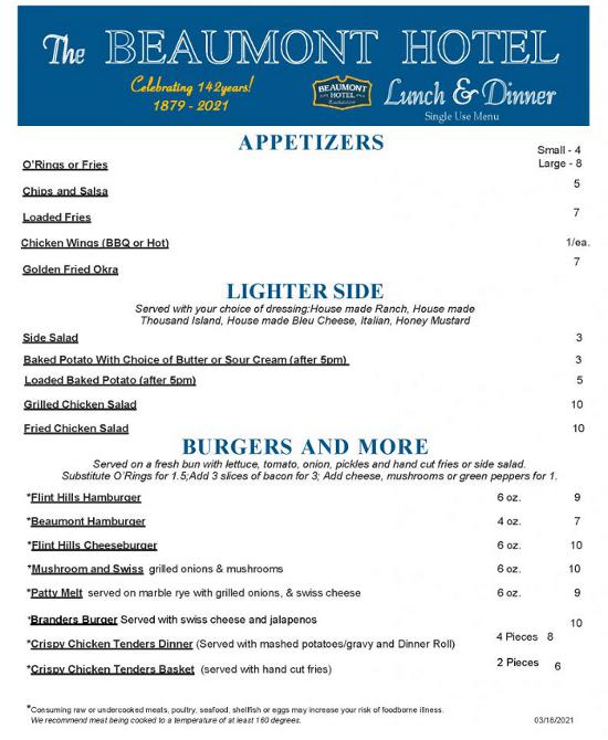 Beaumont Hotel lunch menu page 2