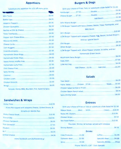 Buffalo Bill's Bar and Grill Menu - Oakley, Kansas
