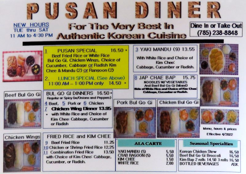 Pusan Restaurant and Korean Dinner menu. - Junction City, Kansas