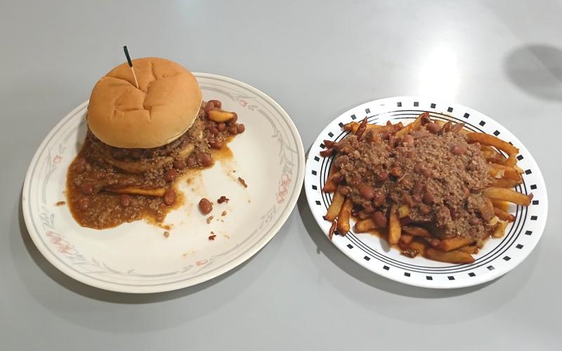 Chili burger and chili fries at Kate's, Dodge City