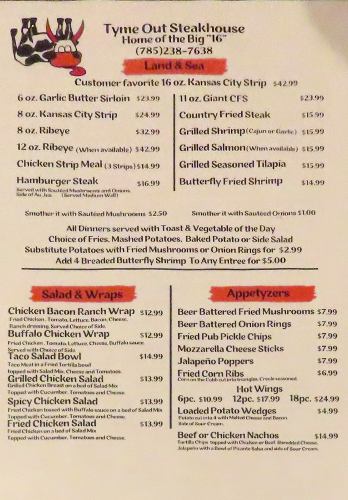 Tyme Out Steakhouse menu - Junction City, Kansas