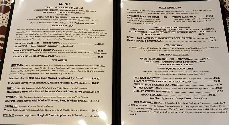 Trail Days Cafe and Museum Menu - Council Grove, Kansas