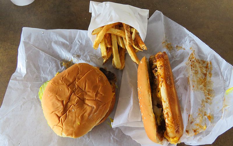 double cheeseburger small fres and chili, cheese dog