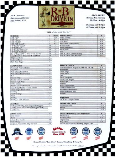 RB Drive In Menu - Hutchinson, Kansas