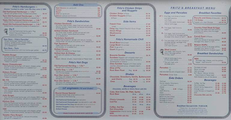 Fritz's Railroad Restaurant menu