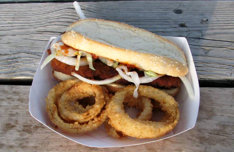 Italian steak sandwich and onion rings