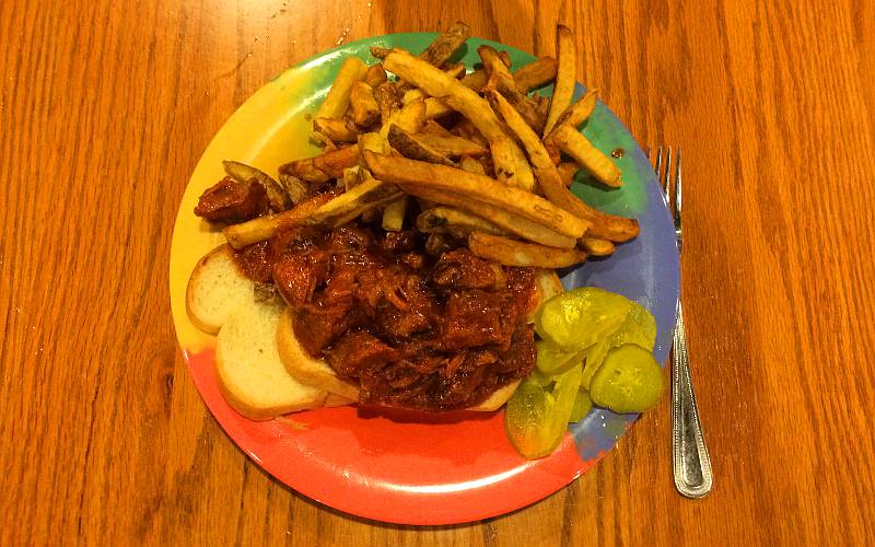 Burnt end sandwich and fries - Arthur Bryant's Barbeque