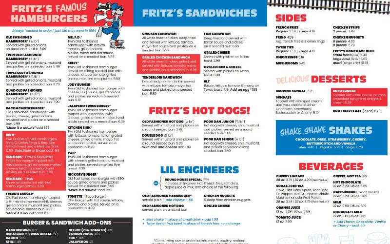 Fritz's Railroad Restaurant menu