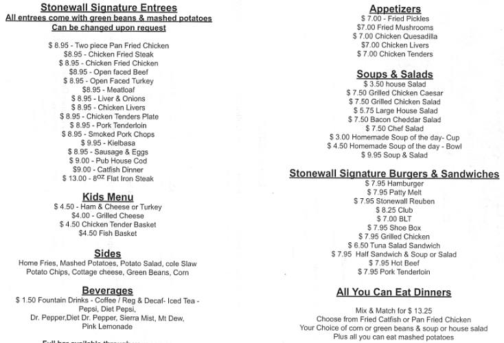 Stonewall Restaurnat menu