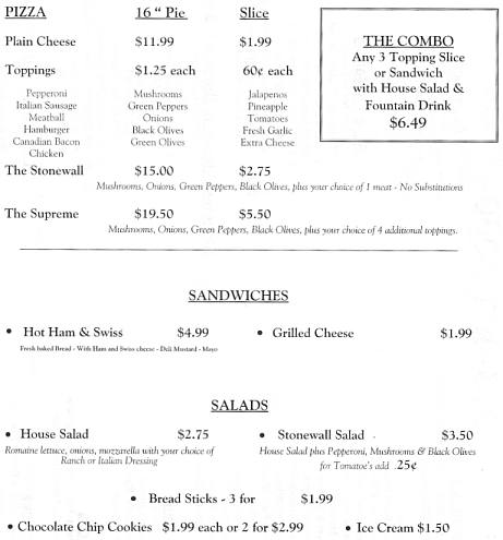 Stonewall pizza menu