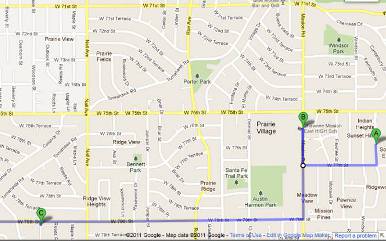 Map to Prairie Village, Kansas Christmas displays