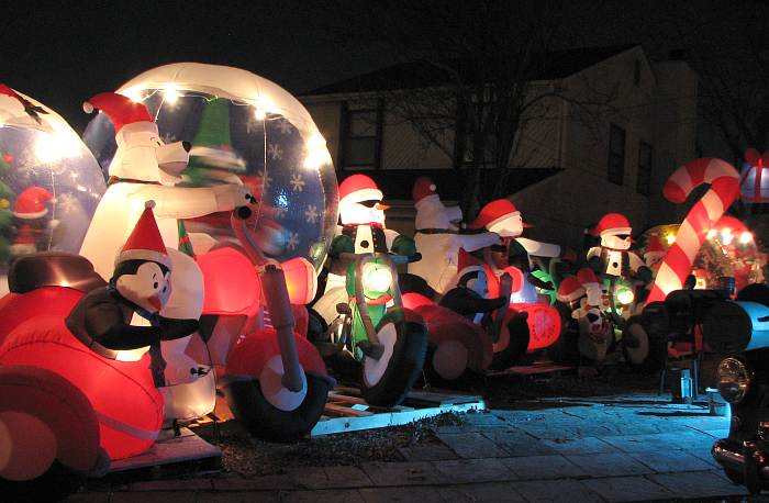 biker penguins in Christmas light display