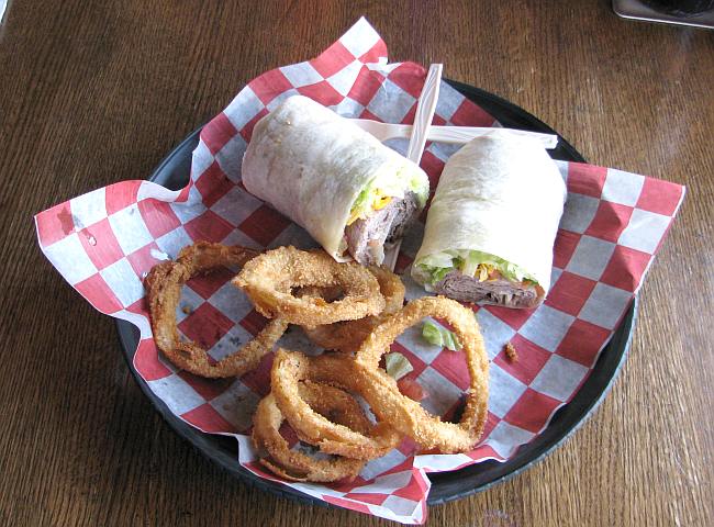 Roast beef wrap with onion rings at Fred P. Ott's