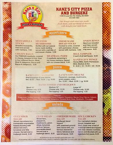 Kanz's City pizza and appetizer menu