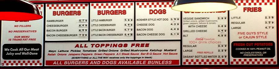 Five Guys menu - Olathe, Kansas