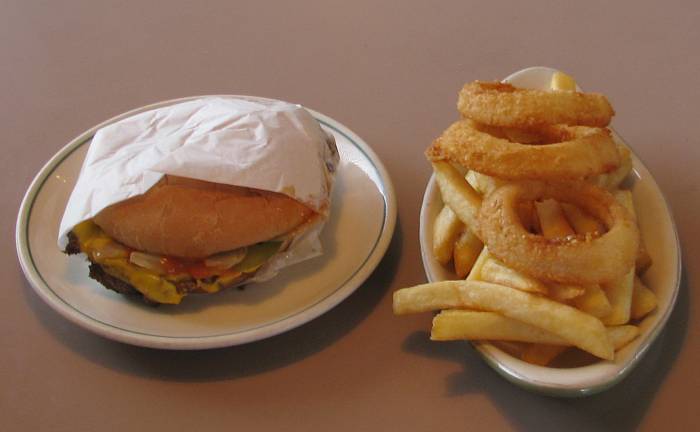 Winstead's hamburger, French fries and onion rings