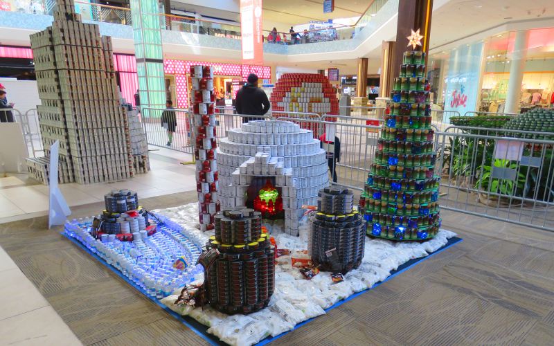 Igloo and Christmas tree canned food art