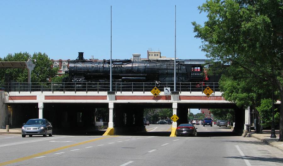 Santa Fe steam locomotive above Douglas Avenue